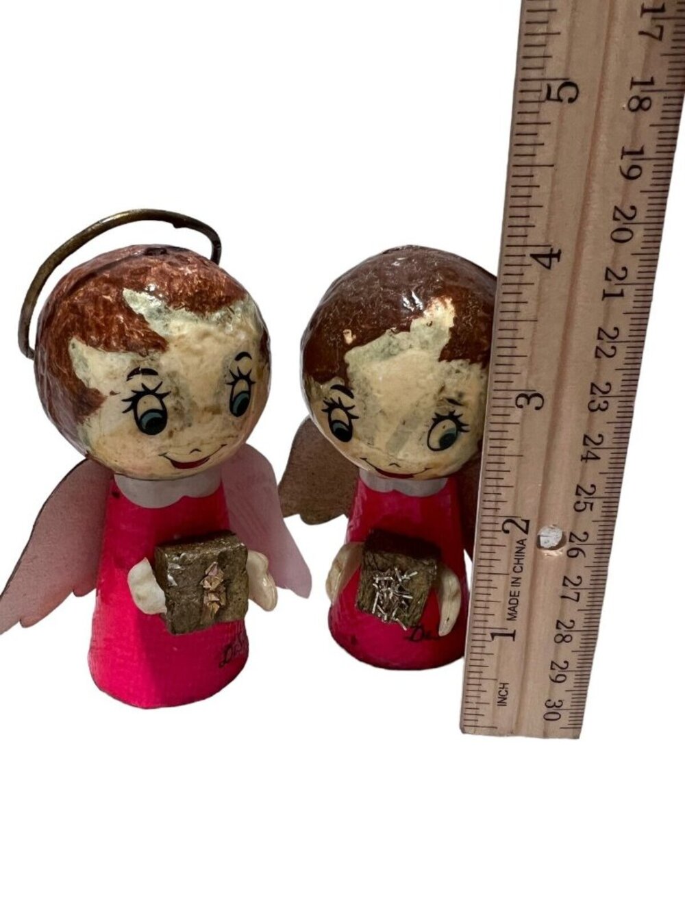 De Sela Angel Christmas Ornament Paper Mache Styrofoam Mexico Vintage Set of 2 - Picture 10 of 10
